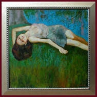 Oil painting portrait of a girl in the grass